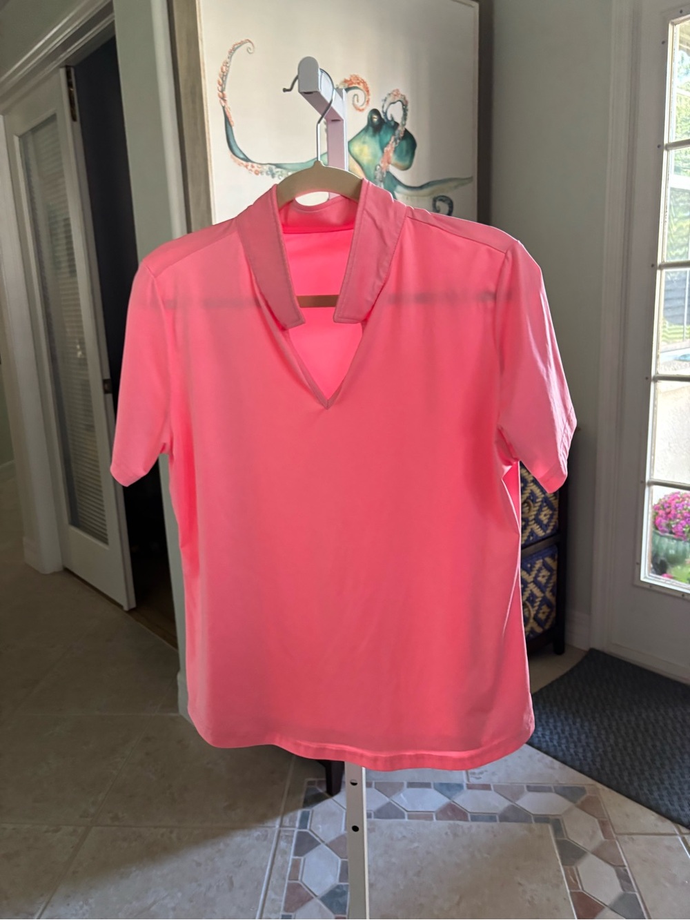 #102 Lulu-B Neon Pink V-Neck Short Sleeve Top